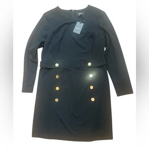 DKNY Black Long-Sleeve Ponte Sheath Dress with Gold Buttons NWT size 14